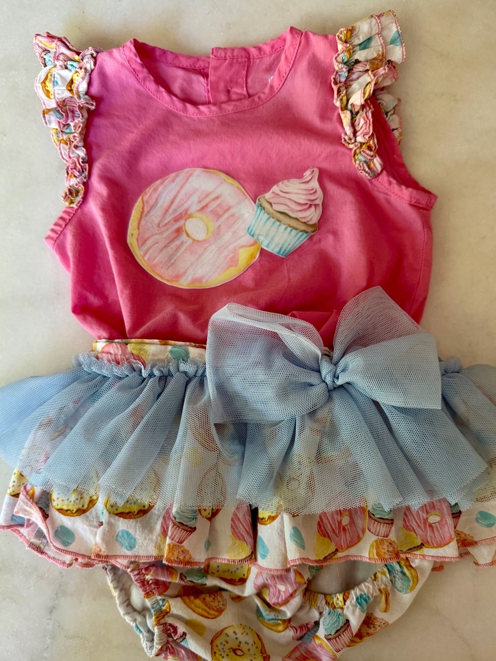 Spanish set-Girls Pink Donut & Cupcake Dress with Blue Tulle Bow